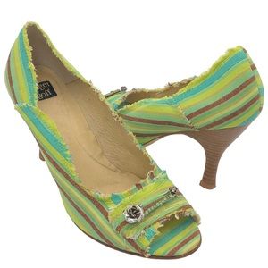Ginger Goff Green Striped Fabric Heels Size 7